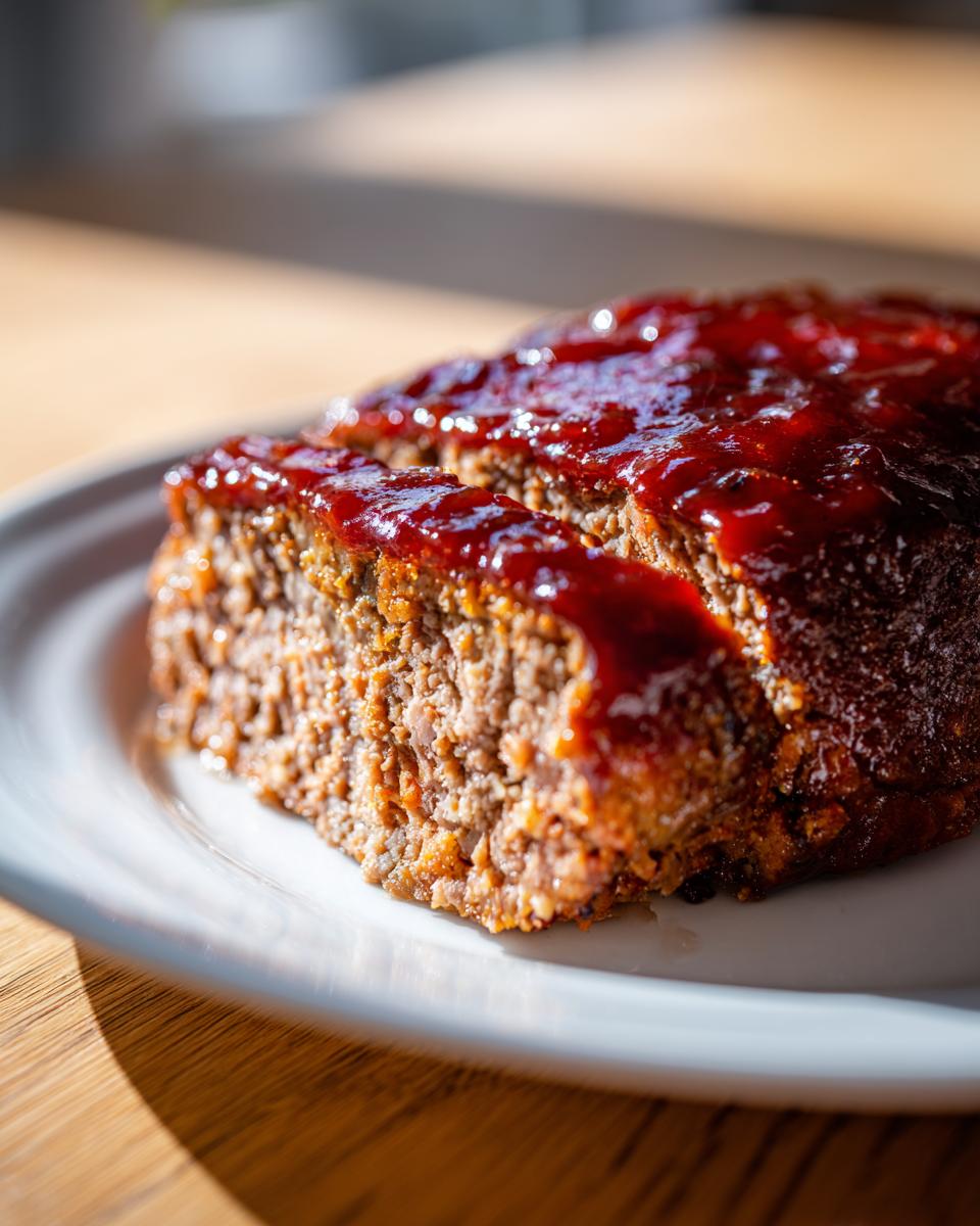 Close-up of a thick slice of Cracker Barrel Meatloaf topped with a shiny, red glaze.