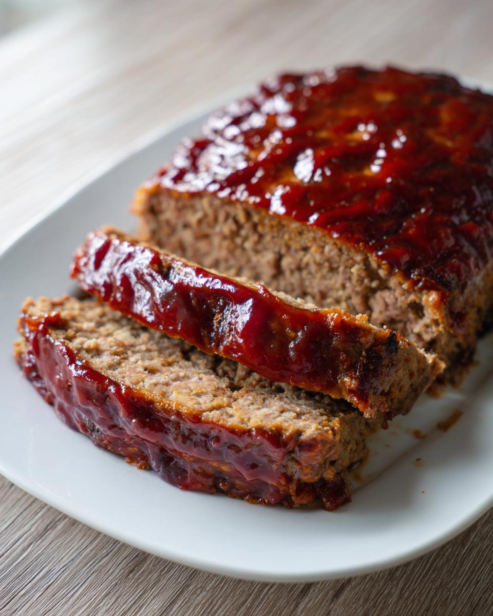A close-up of a glazed Cracker Barrel Meatloaf, partially sliced on a white plate.