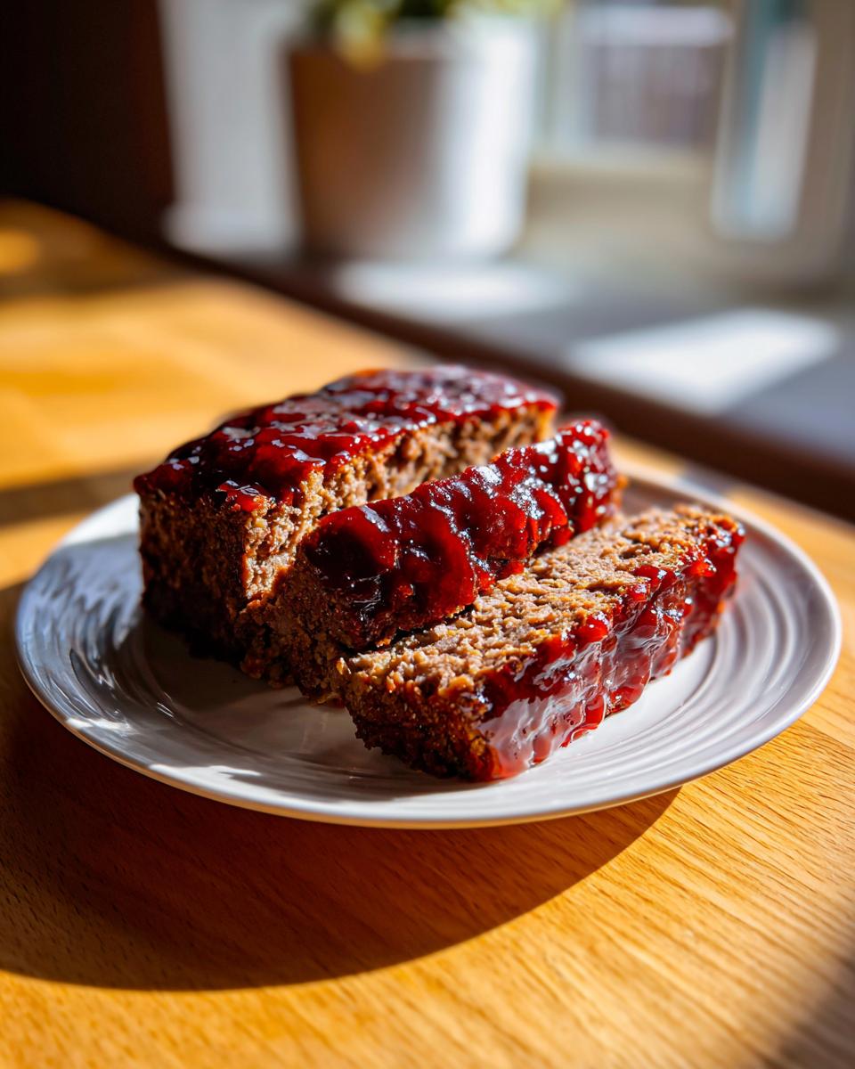 Two thick slices of Cracker Barrel Meatloaf covered in a shiny, dark red glaze served on a white plate.