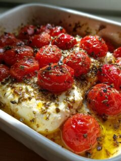 A white baking dish filled with melted, creamy baked feta topped with roasted cherry tomatoes and herbs.