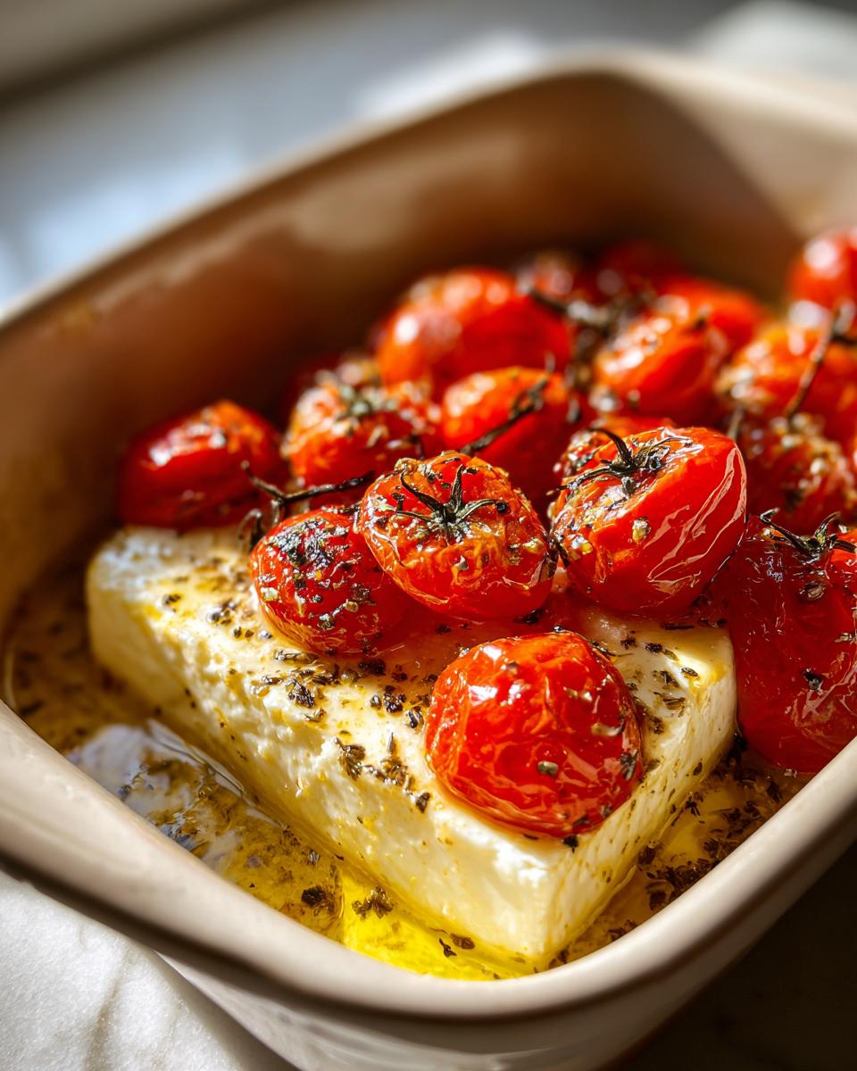 A block of Creamy Baked Feta topped with blistered cherry tomatoes and herbs, sitting in olive oil.