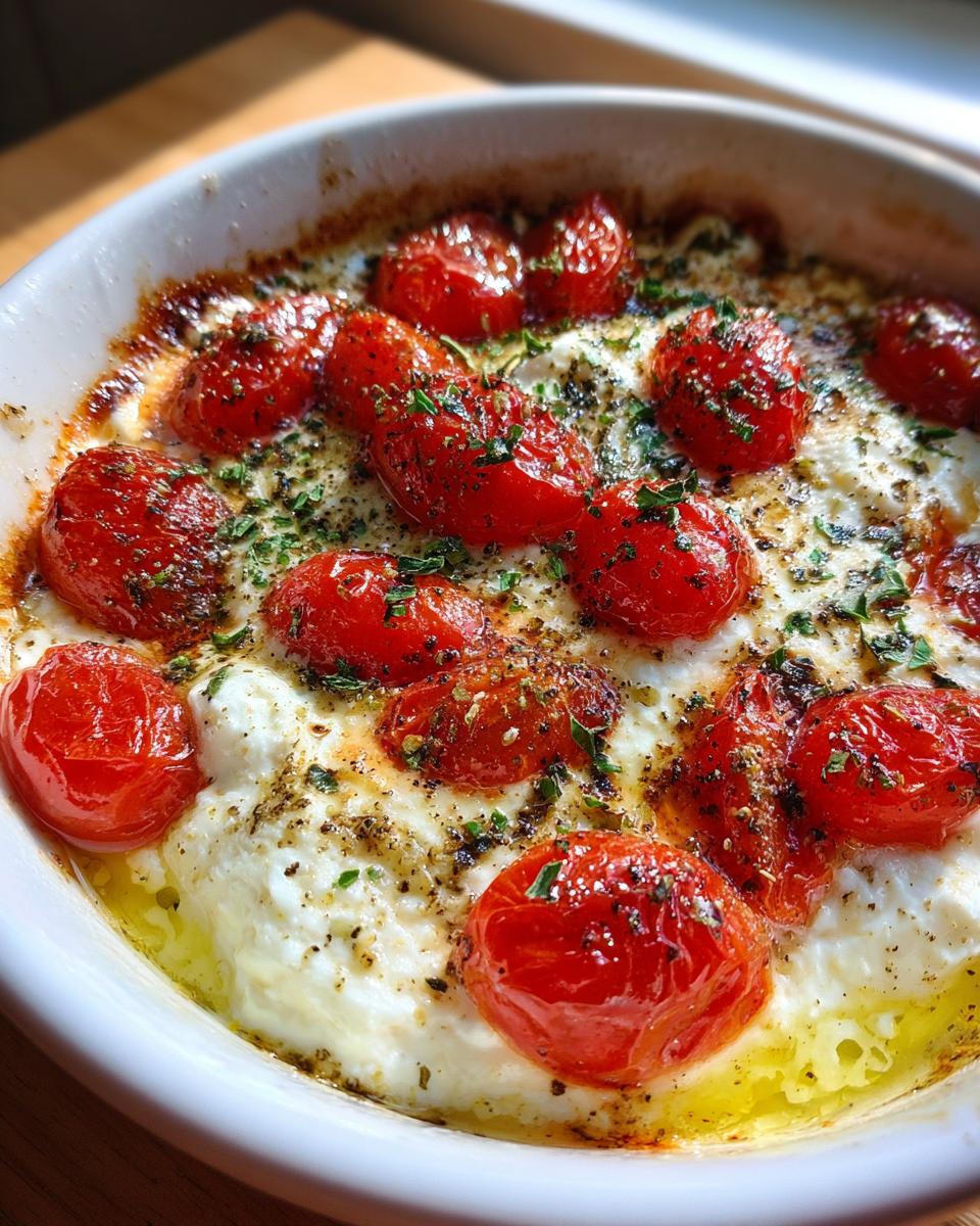 A block of Creamy Baked Feta topped with herbs and surrounded by roasted cherry tomatoes in olive oil.