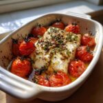 A block of Creamy Baked Feta topped with herbs and surrounded by roasted cherry tomatoes in a white baking dish.
