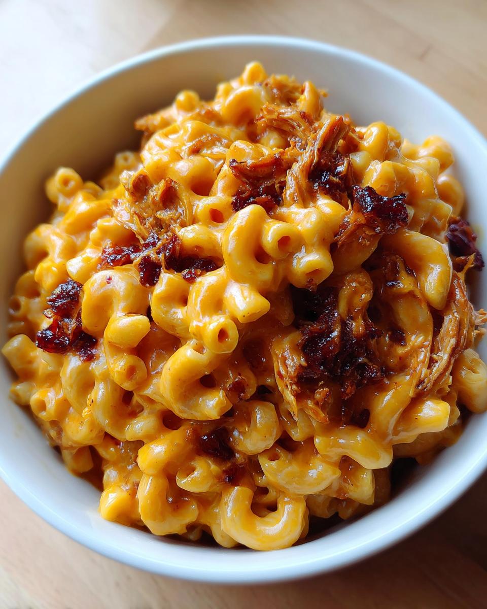 Close-up of a white bowl filled with creamy, cheesy BBQ Chicken Mac And Cheese topped with shredded BBQ chicken.