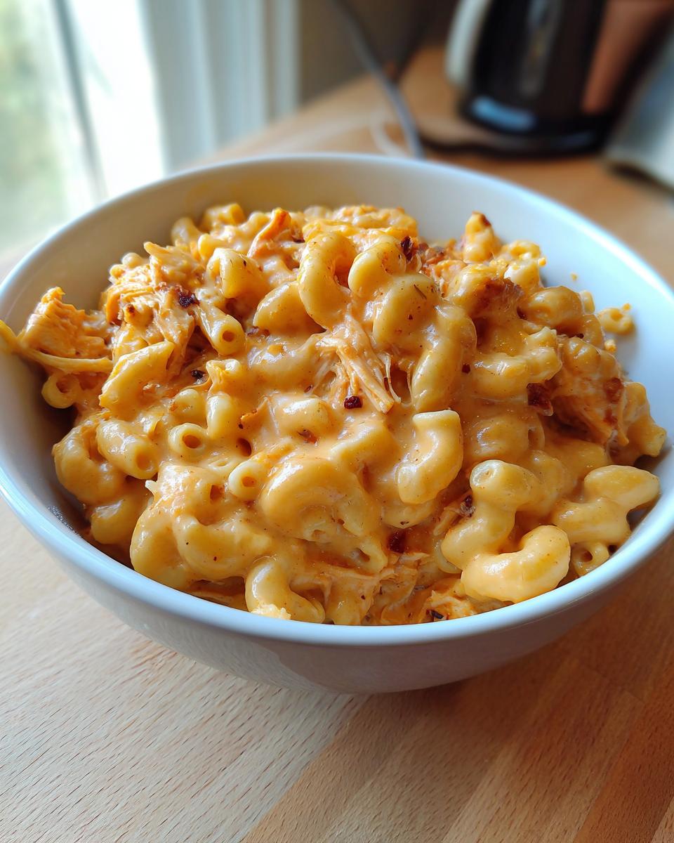 Close-up of creamy BBQ Chicken Mac And Cheese with elbow macaroni and shredded chicken in a white bowl.