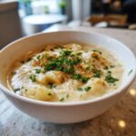 Close-up of a white bowl filled with thick, creamy Cajun potato soup, topped with fresh parsley.