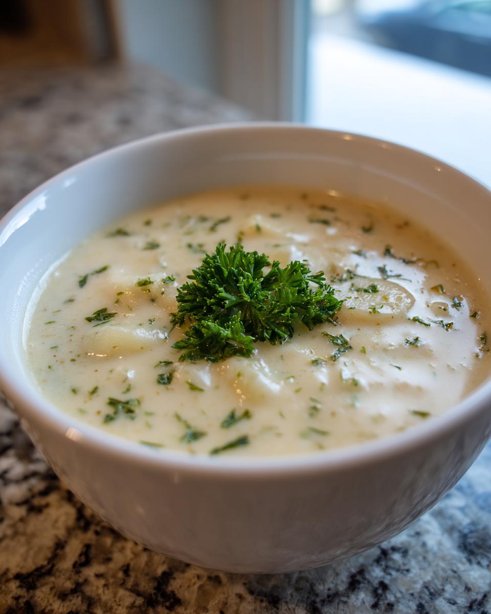 A close-up of a white bowl filled with thick, creamy Cajun potato soup, garnished with fresh parsley.