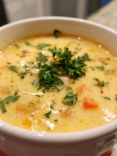 Close-up of a hearty bowl of Creamy Cajun Potato Soup, garnished with fresh parsley and spices.