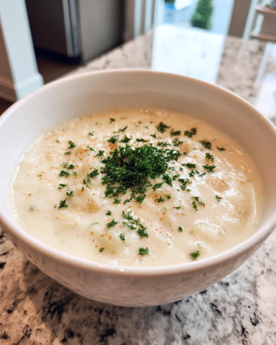 A close-up of a white bowl filled with thick, Creamy Cajun Potato Soup, garnished with fresh parsley and paprika.