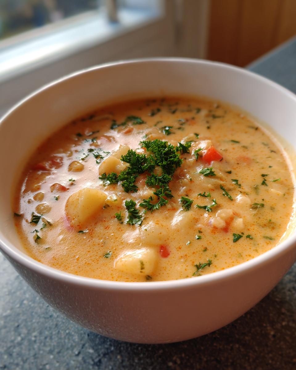 Close-up of a white bowl filled with rich, orange-hued Creamy Cajun Potato Soup, garnished with fresh parsley.