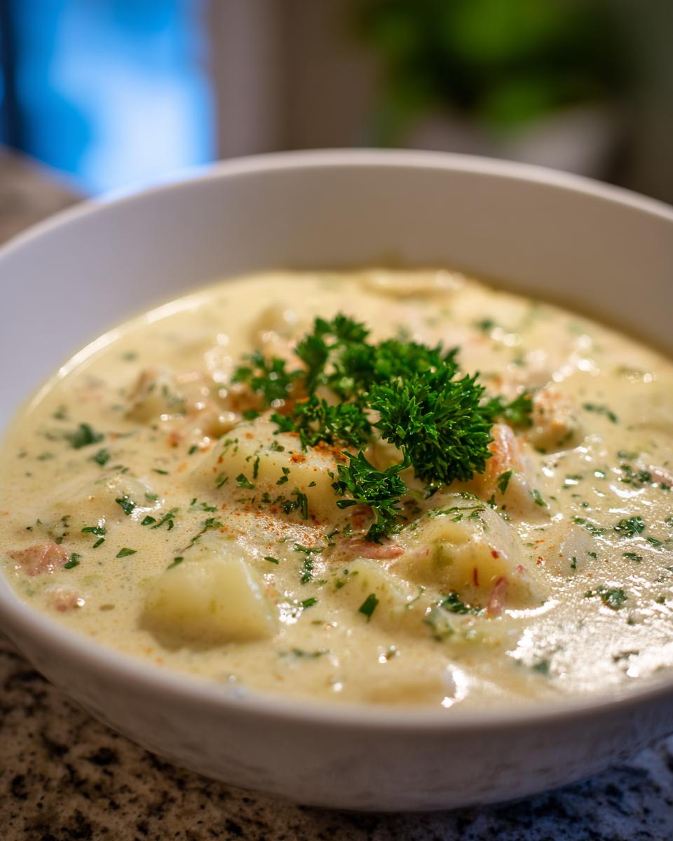 A close-up of a thick, creamy Cajun potato soup garnished with fresh parsley and a sprinkle of spice.