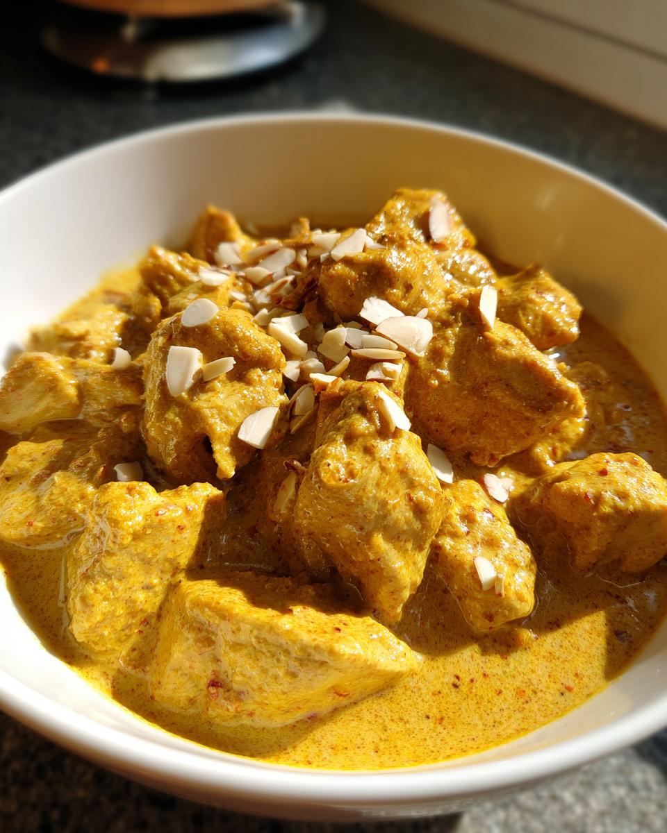 Close-up of rich, yellow Chicken Korma served in a white bowl and garnished with slivered almonds.