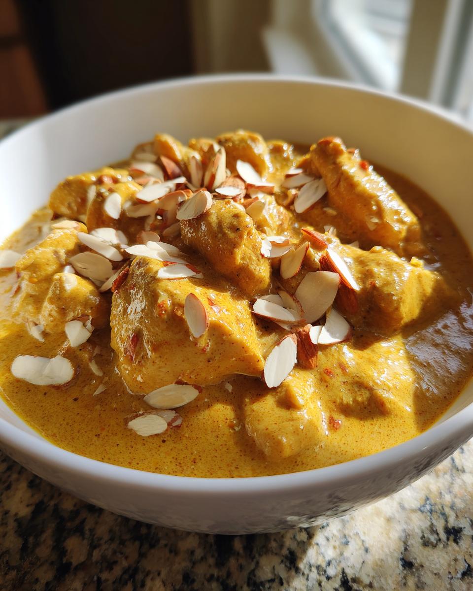 Close-up of creamy, yellow Chicken Korma garnished generously with slivered almonds in a white bowl.