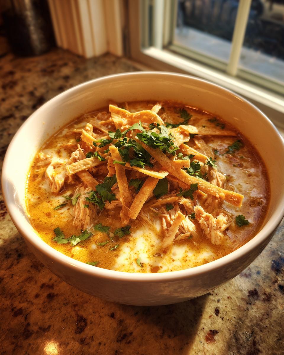 A close-up of a bowl of Creamy Chicken Tortilla Soup topped with crispy tortilla strips and fresh cilantro.