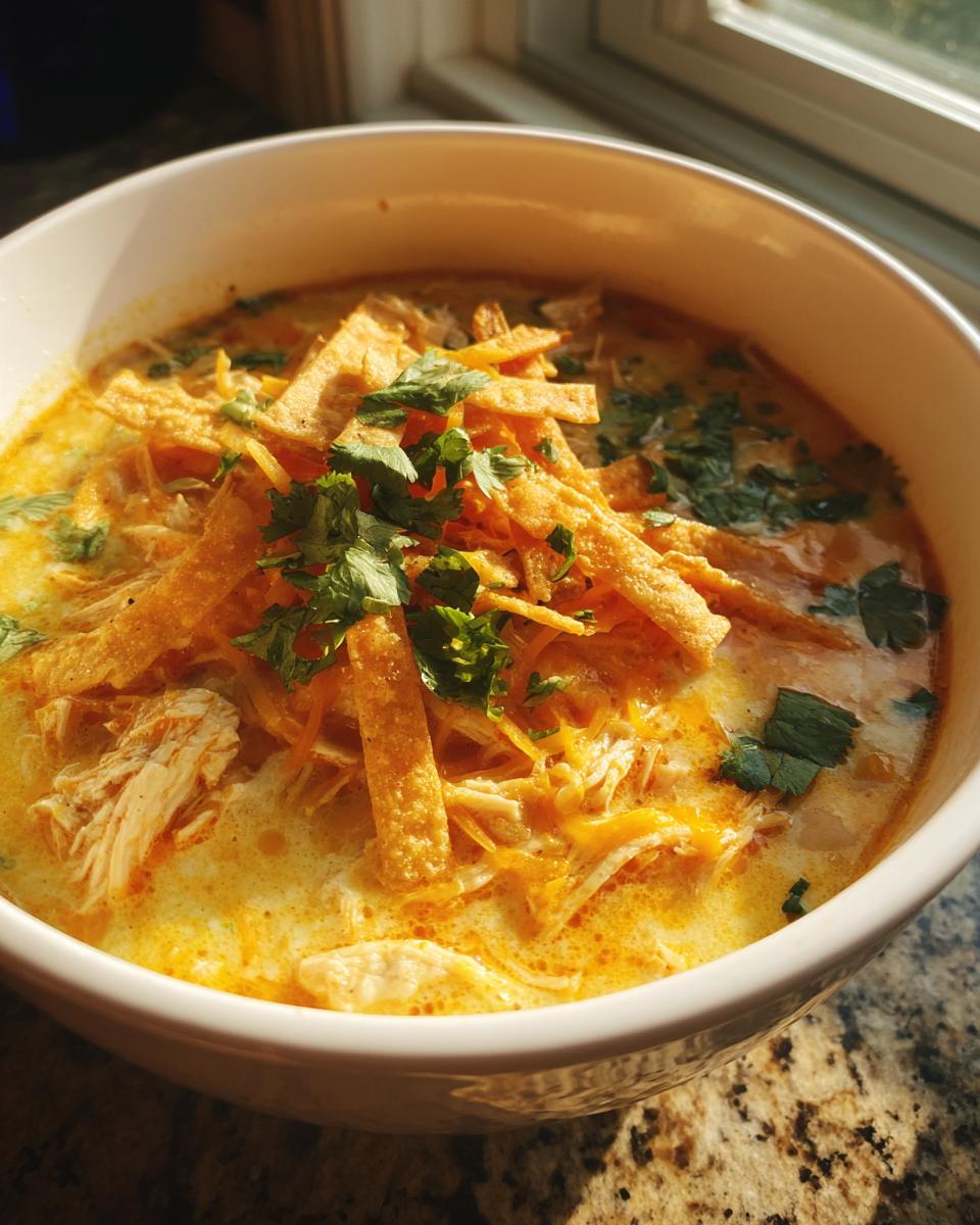 A close-up of a white bowl filled with rich, yellow Creamy Chicken Tortilla Soup, topped with tortilla strips, shredded cheese, and cilantro.