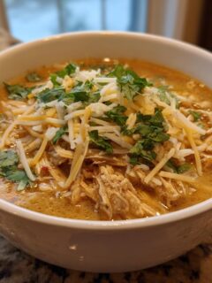 Close-up of a white bowl filled with Creamy Chicken Tortilla Soup, topped with shredded cheese and fresh cilantro.