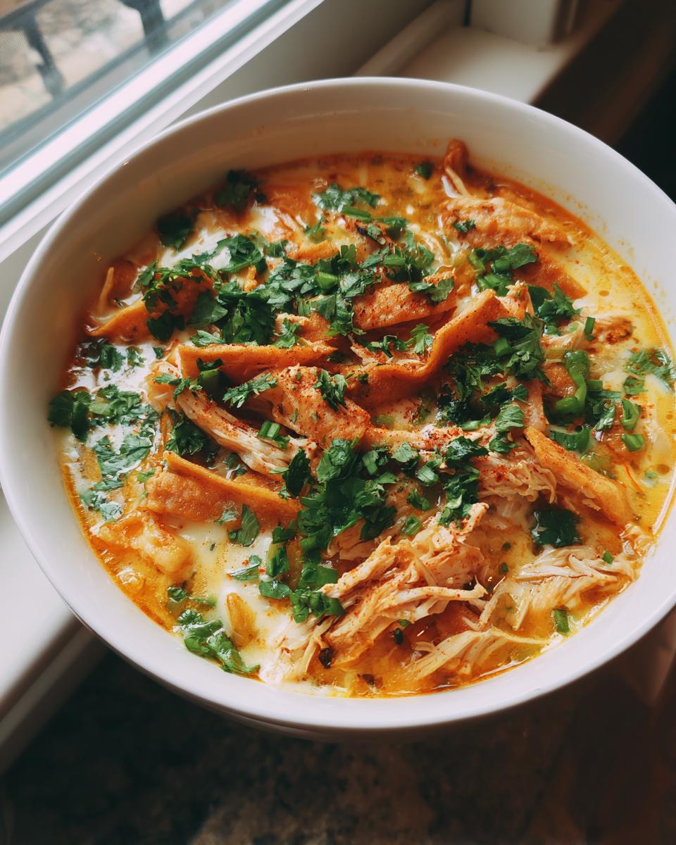 A close-up of a white bowl filled with rich, creamy Chicken Tortilla Soup, topped with shredded chicken, tortilla strips, and fresh cilantro.