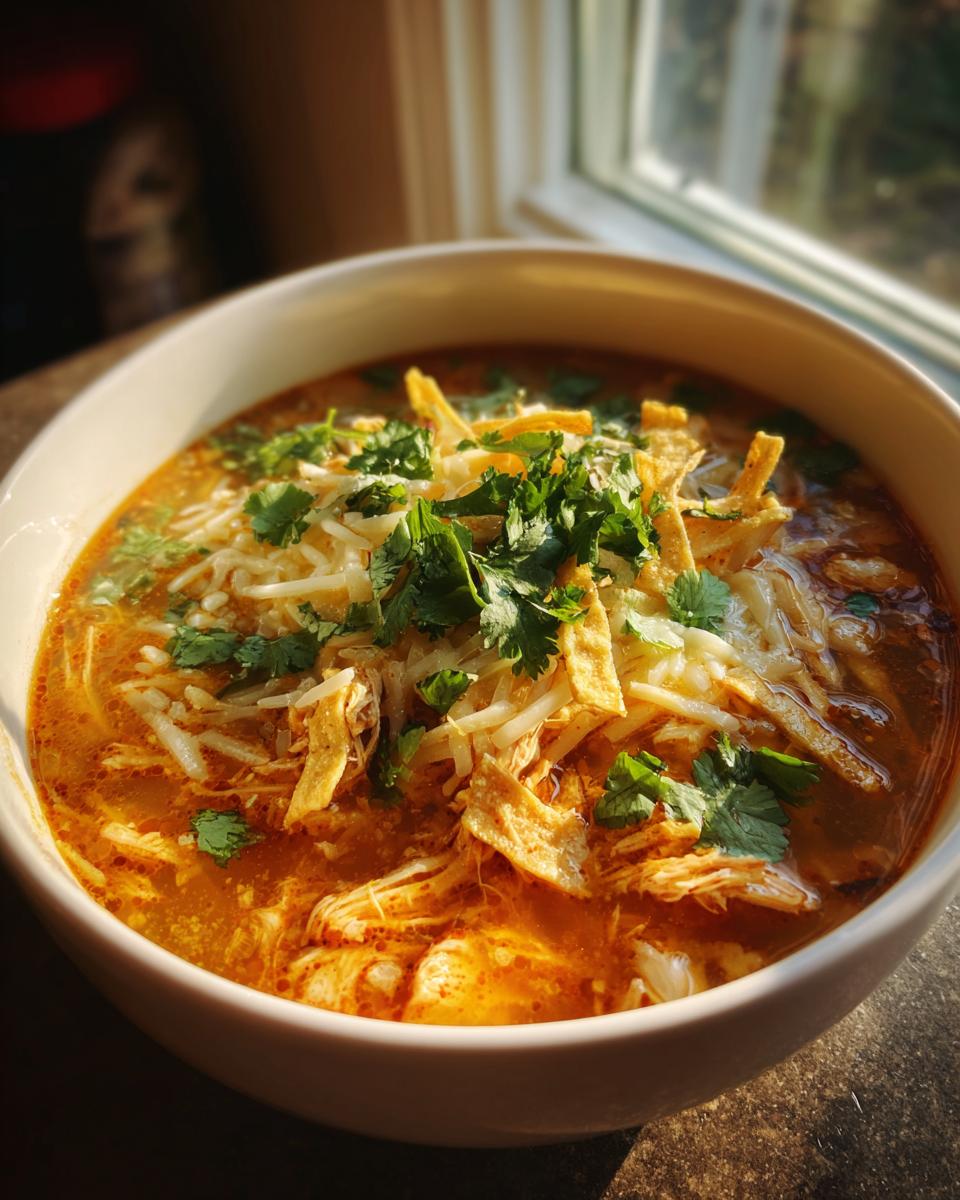 A close-up of a bowl of rich, orange-hued Creamy Chicken Tortilla Soup topped with shredded cheese, tortilla strips, and fresh cilantro.