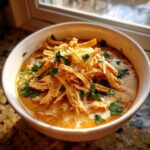 A close-up of a bowl of Creamy Chicken Tortilla Soup topped with shredded chicken, cheese, cilantro, and tortilla strips.