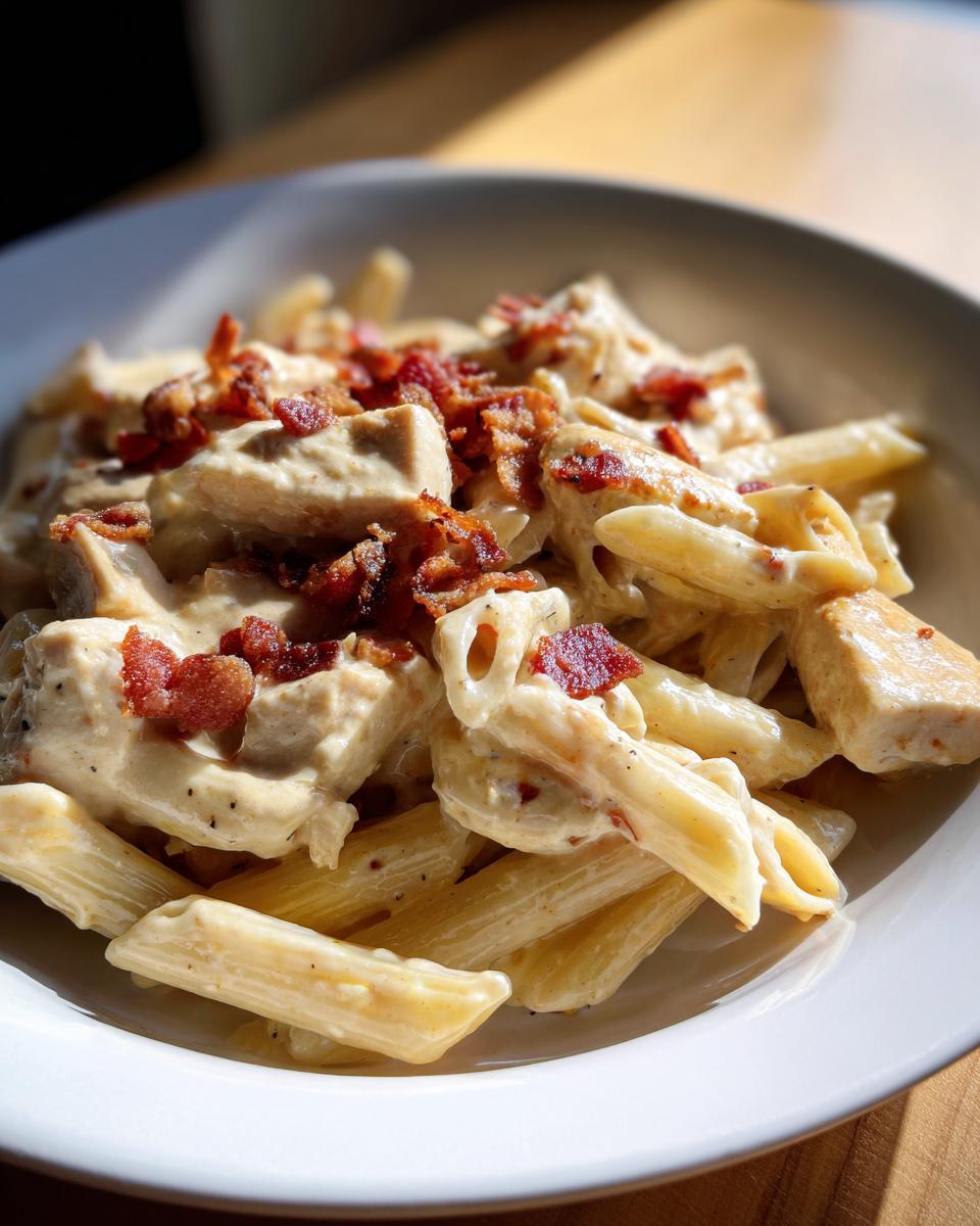 Close-up of creamy Crack Chicken Penne pasta topped generously with crispy bacon pieces.