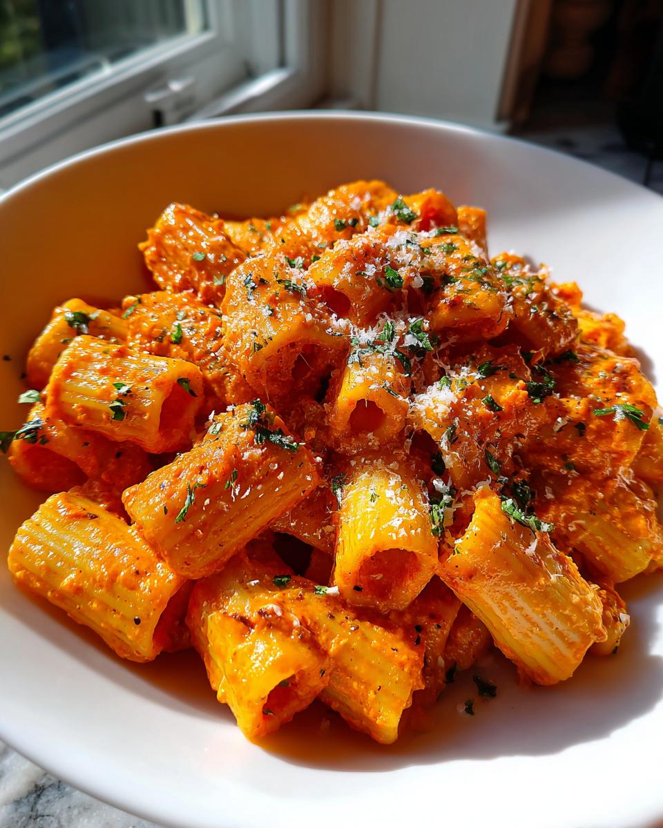 Close-up of rigatoni pasta coated in a creamy orange sauce, garnished with Parmesan and parsley, representing the Gigi Hadid Pasta.