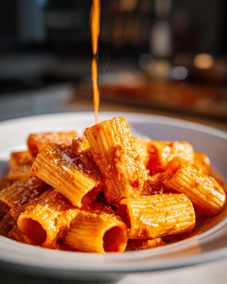 A close-up shot of rigatoni pasta coated in creamy tomato sauce, with more sauce being poured over the Gigi Hadid Pasta.