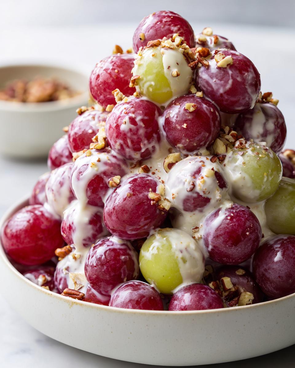 A mound of red and green grapes coated in a sweet, creamy dressing and topped with chopped pecans, showcasing the Creamy Grape Salad.