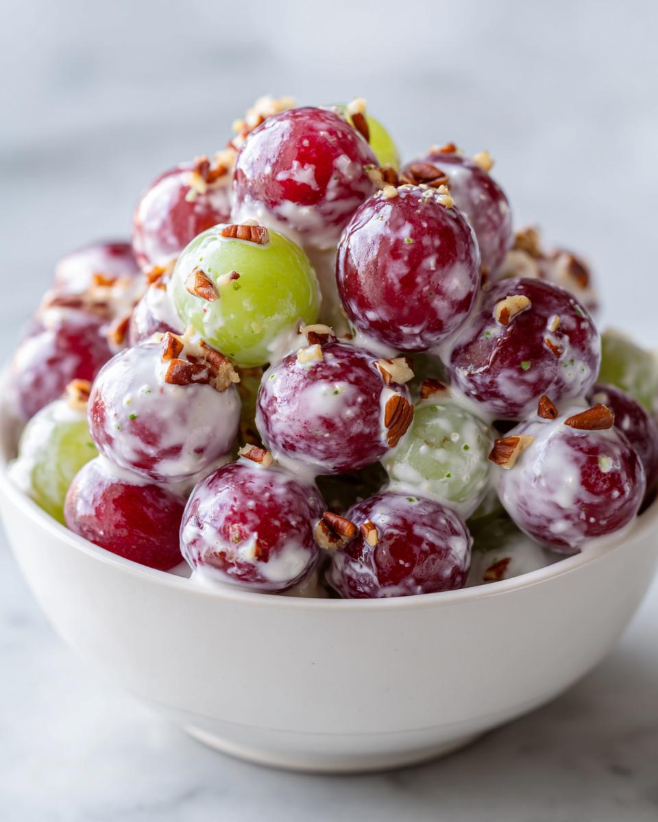 A close-up of a white bowl filled with red and green grapes coated in a creamy dressing and topped with chopped pecans, showcasing the Creamy Grape Salad.