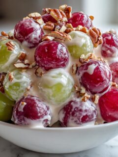 A close-up of a white bowl filled with red and green grapes coated in a creamy dressing and topped with chopped pecans, showcasing the Creamy Grape Salad.