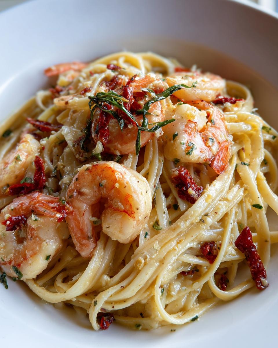 Close-up of a white bowl filled with creamy Marry Me Shrimp Pasta, topped with large shrimp and sun-dried tomatoes.
