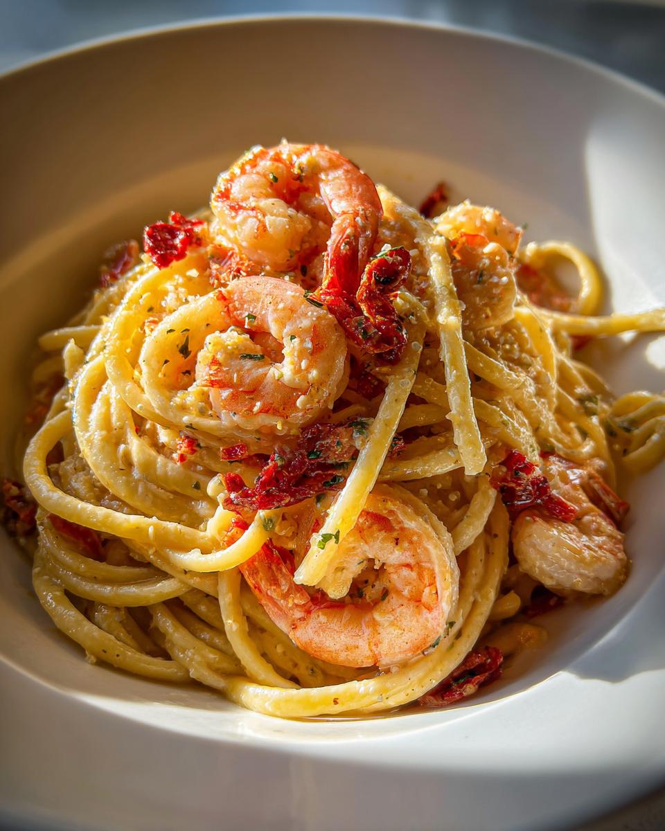 A close-up, appetizing shot of Marry Me Shrimp Pasta featuring large shrimp, sun-dried tomatoes, and creamy sauce coating the noodles.