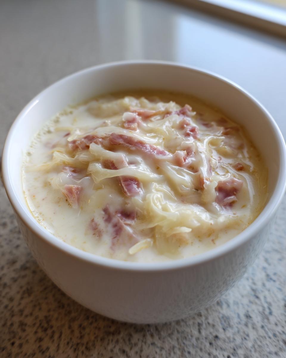 Close-up of a white bowl filled with rich Creamy Reuben Soup, topped with melted Swiss cheese and diced corned beef.