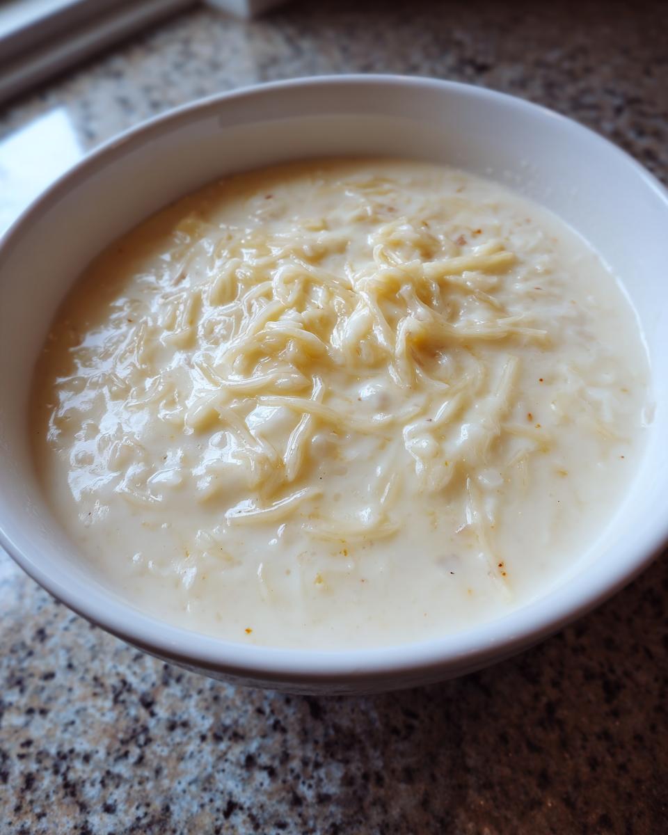 Close-up of a white bowl filled with thick, creamy Reuben soup topped with melted shredded cheese.