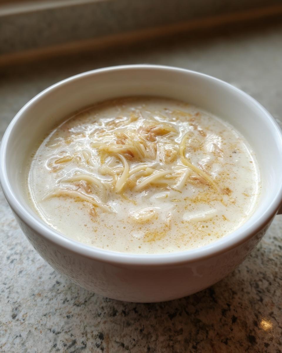 Close-up of a white bowl filled with rich, creamy Reuben soup topped with shredded corned beef and noodles.