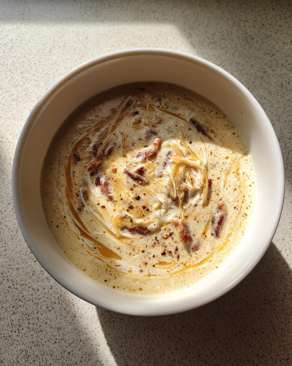 Overhead view of a bowl of Creamy Reuben Soup topped with swirls of cream, shredded cheese, and bits of corned beef.