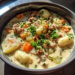 Close-up of a hearty bowl of Creamy Sausage Gnocchi Soup, featuring gnocchi, ground sausage, carrots, and fresh parsley.
