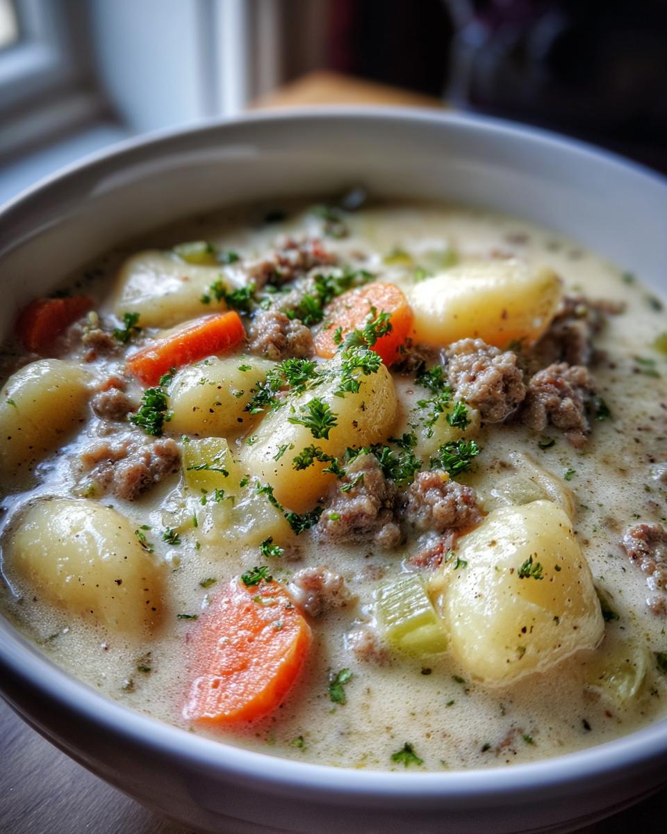 A close-up shot of a hearty bowl of Creamy Sausage Gnocchi Soup, featuring plump gnocchi, crumbled sausage, carrots, and celery, topped with fresh parsley.