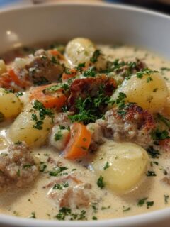 Close-up of a bowl of Creamy Sausage Gnocchi Soup featuring gnocchi, sausage chunks, carrots, and fresh parsley.