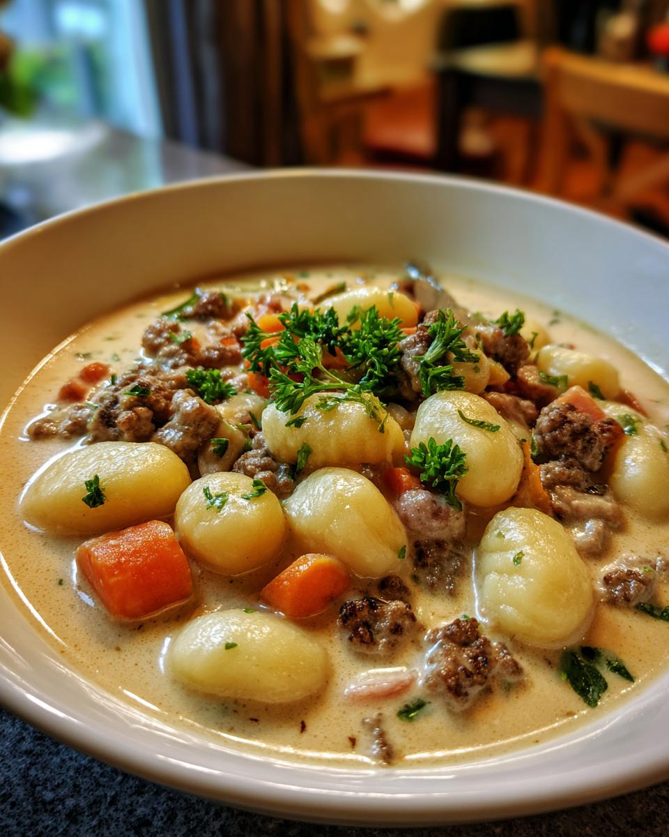 Close-up of a bowl filled with Creamy Sausage Gnocchi Soup, featuring plump gnocchi, crumbled sausage, carrots, and parsley garnish.
