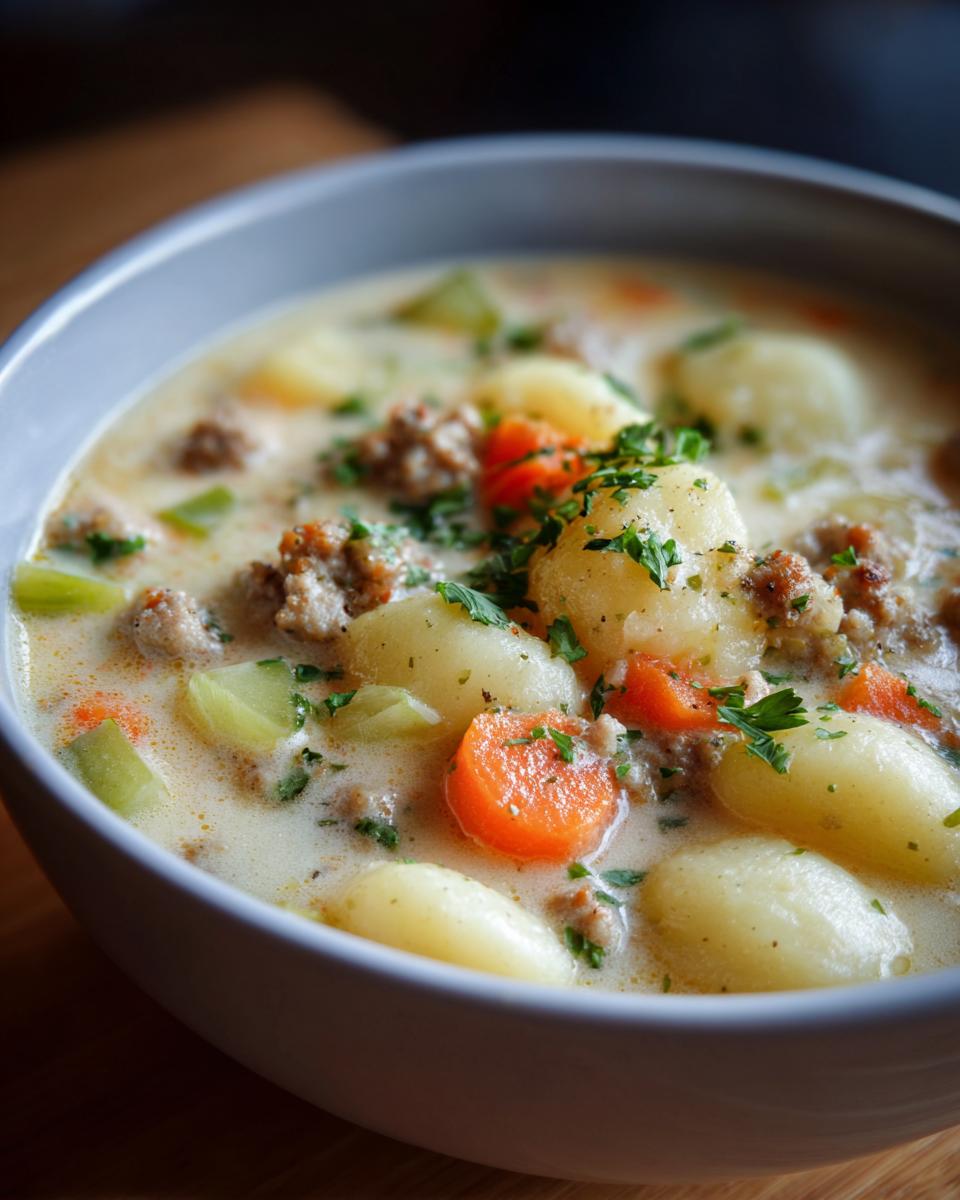 Close-up of a bowl of Creamy Sausage Gnocchi Soup, featuring gnocchi, sausage crumbles, carrots, and celery.