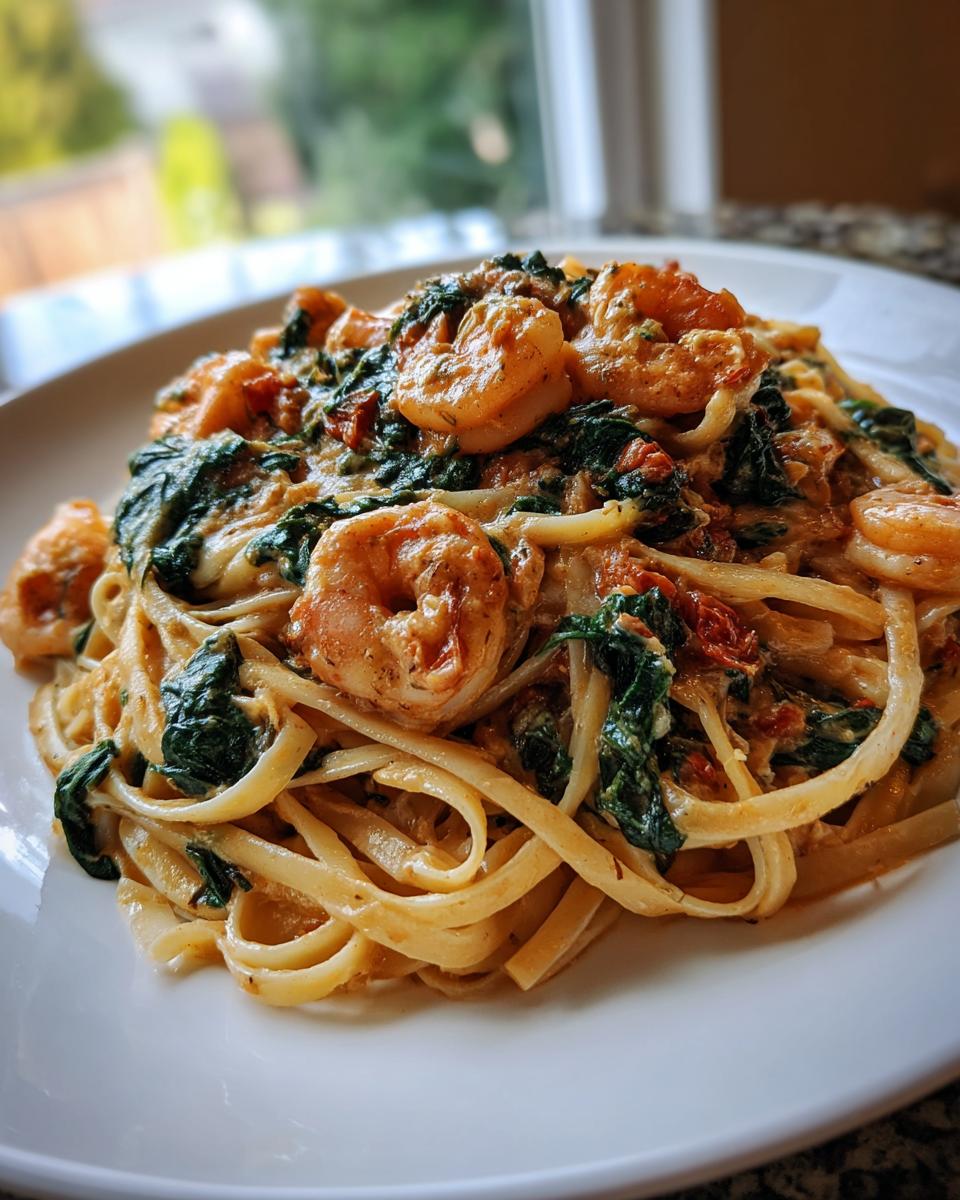 A close-up serving of creamy Tuscan Shrimp Pasta featuring fettuccine, large shrimp, spinach, and sun-dried tomatoes.