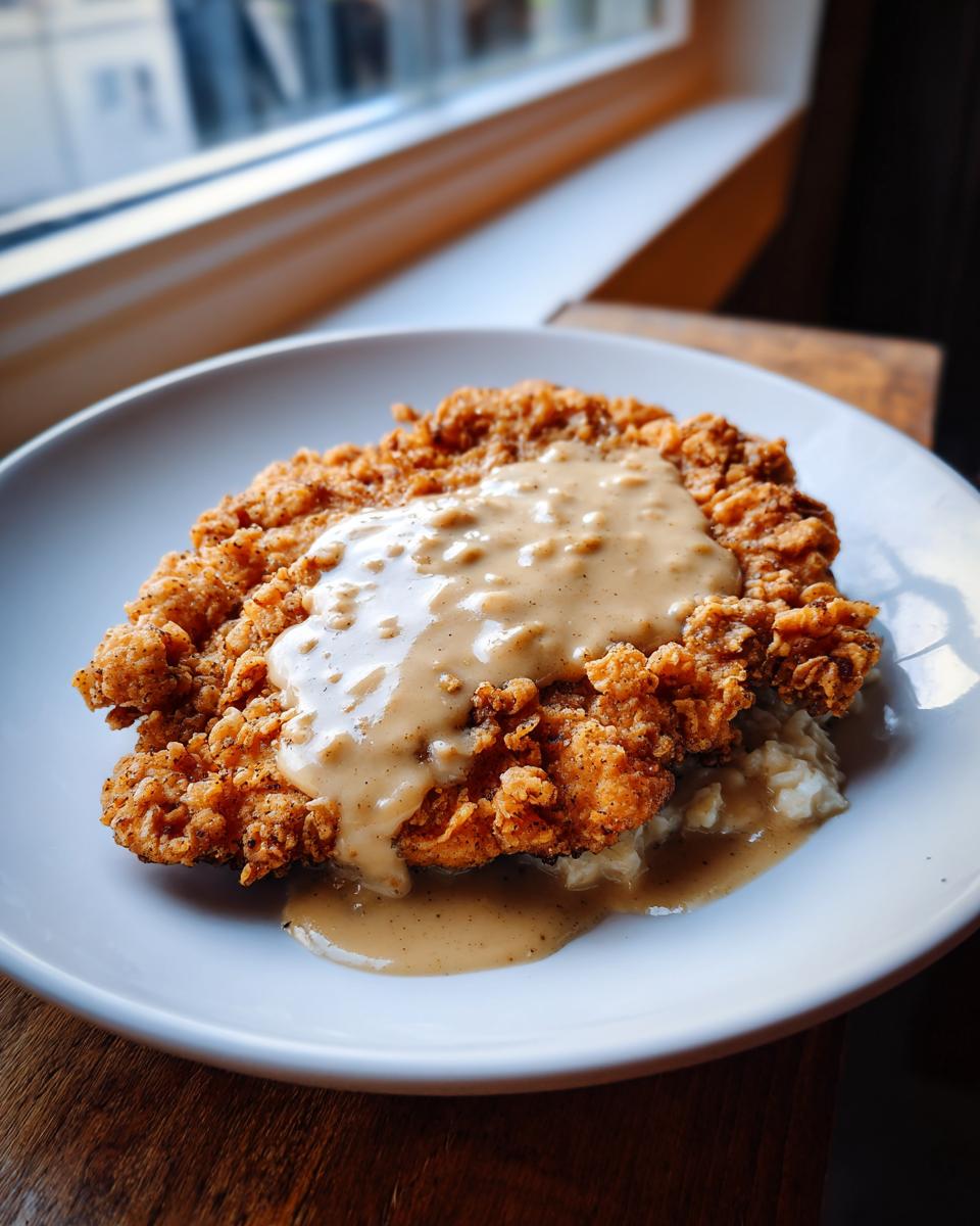 A golden brown, crispy buttermilk chicken fried steak smothered in creamy gravy, served over mashed potatoes.