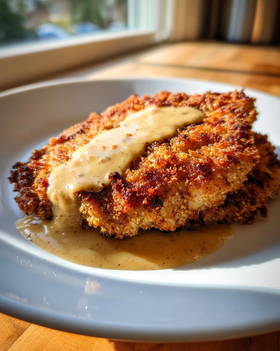 A close-up of a golden brown Crispy Buttermilk Chicken Fried Steak topped with creamy pepper gravy on a white plate.