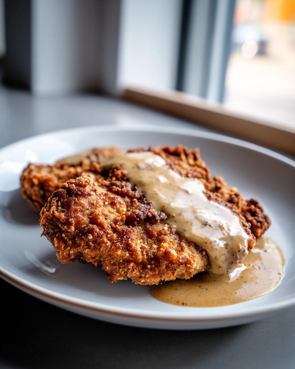 Close-up of a golden brown, crispy Buttermilk Chicken Fried Steak smothered in creamy peppered gravy on a white plate.