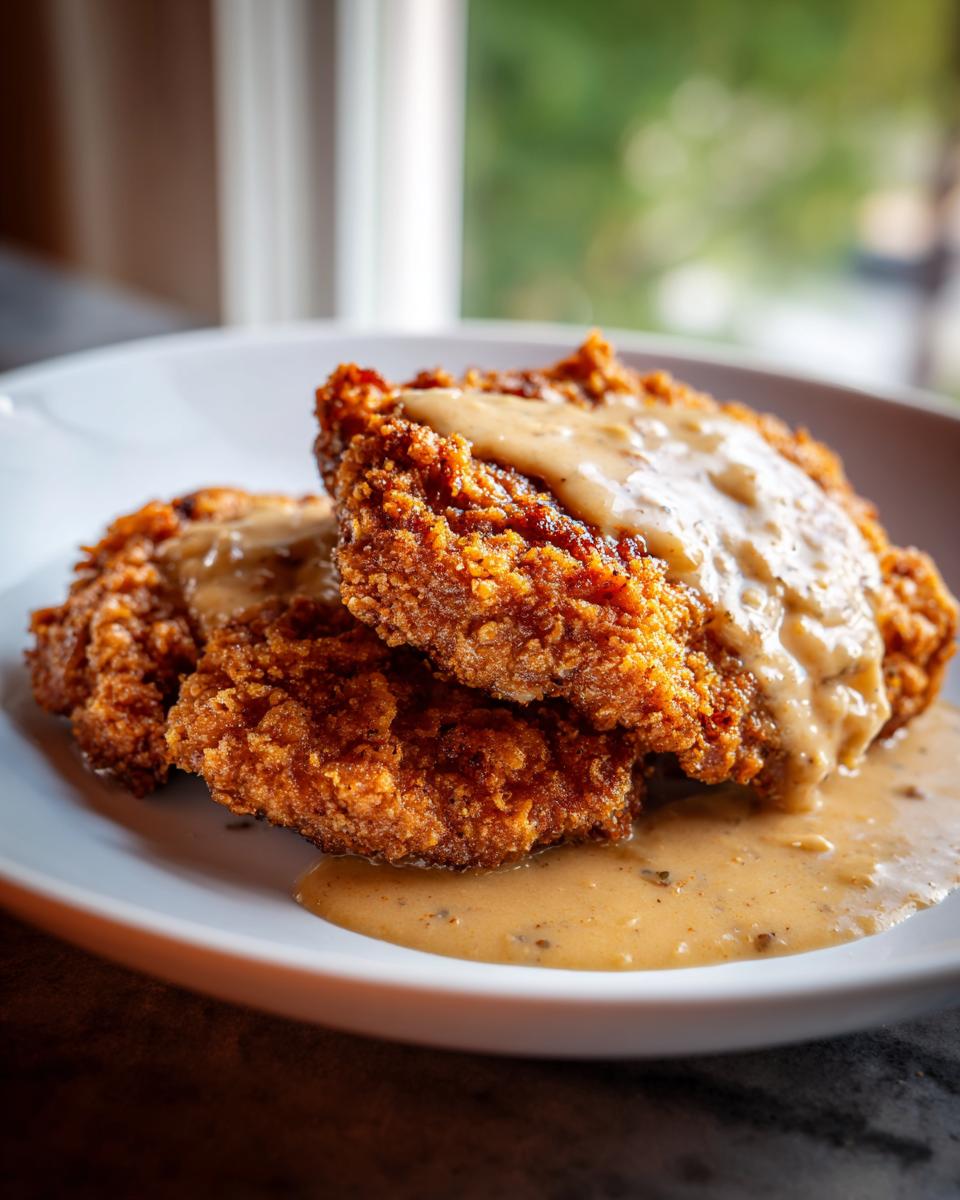 Two pieces of Crispy Buttermilk Chicken Fried Steak stacked on a white plate and generously topped with creamy peppered gravy.