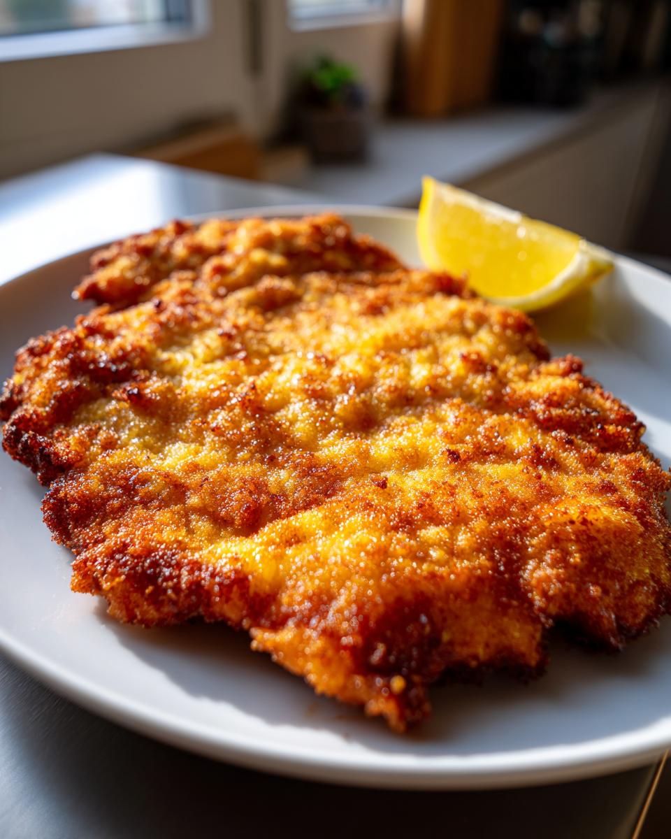Close-up of a crispy, golden-brown Pork Schnitzel served on a white plate with a fresh lemon wedge.
