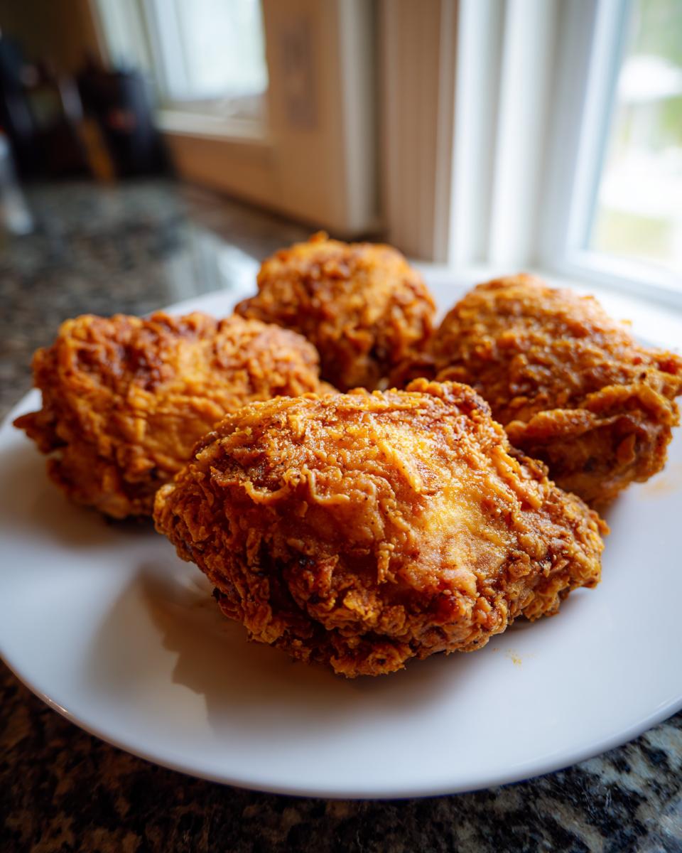 Four pieces of golden brown, crispy Shake And Bake Chicken resting on a white plate indoors.