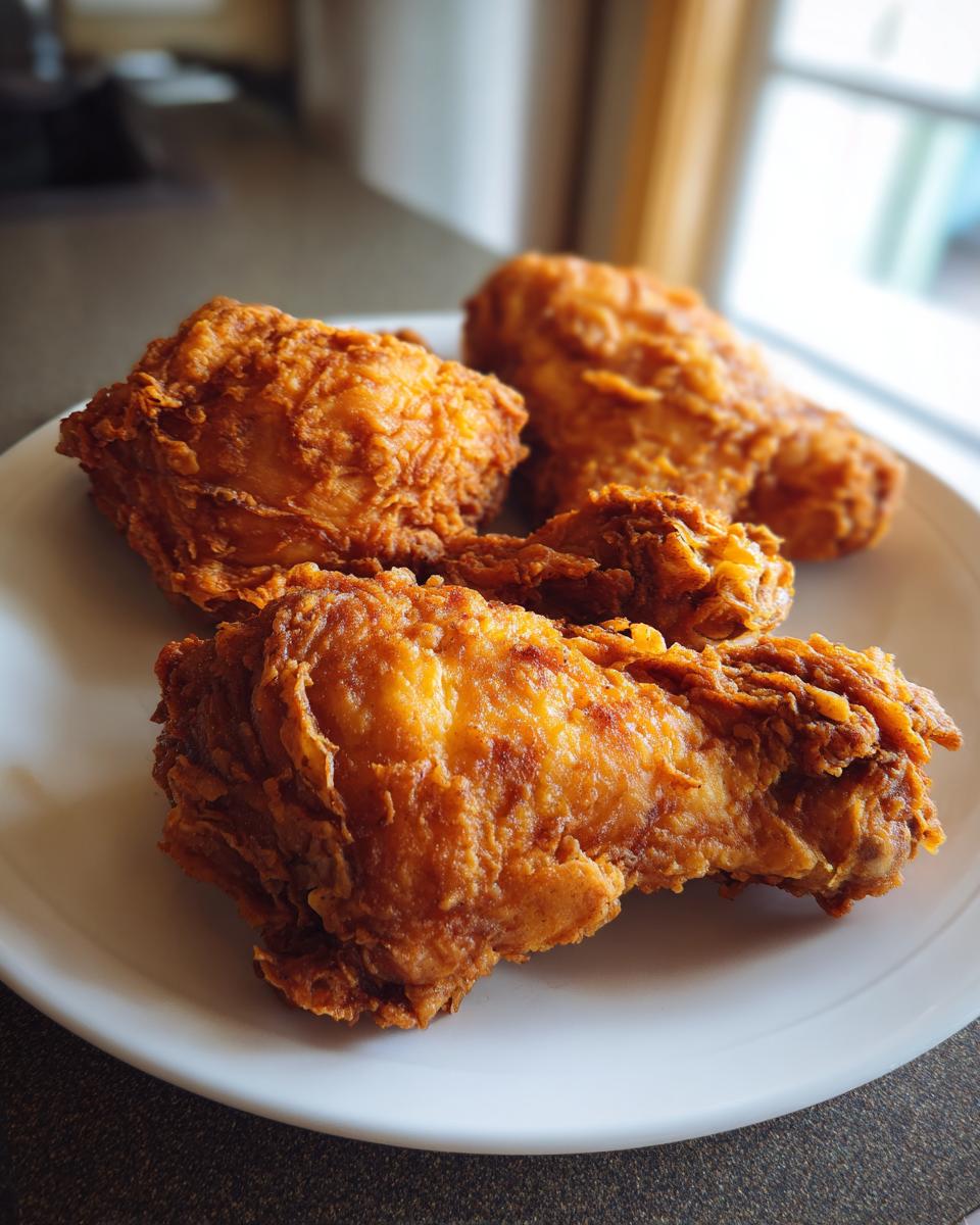 Four pieces of golden brown, crispy Shake And Bake Chicken served on a white plate.
