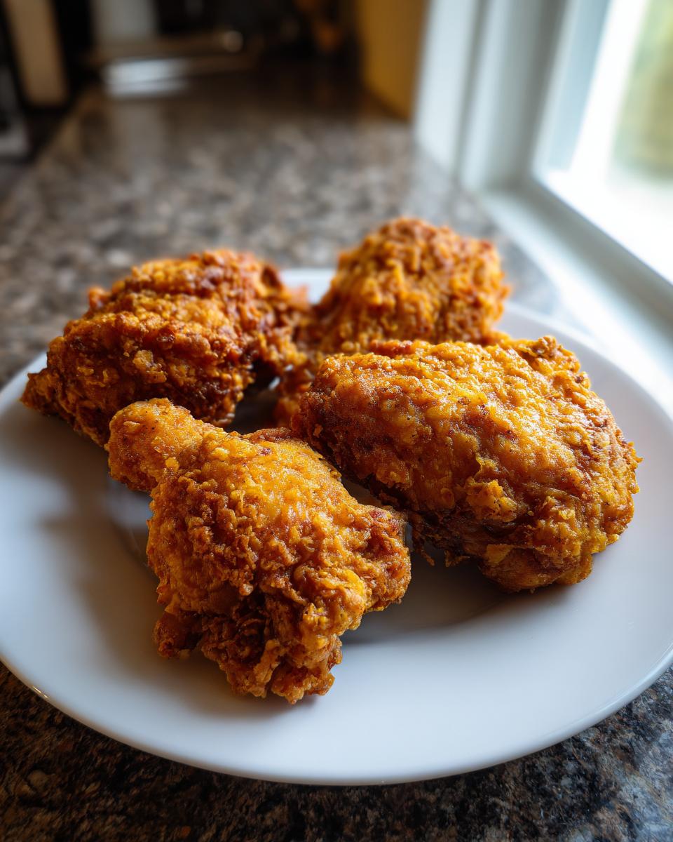 Four pieces of golden brown, crispy Shake And Bake Chicken served on a white plate near a window.