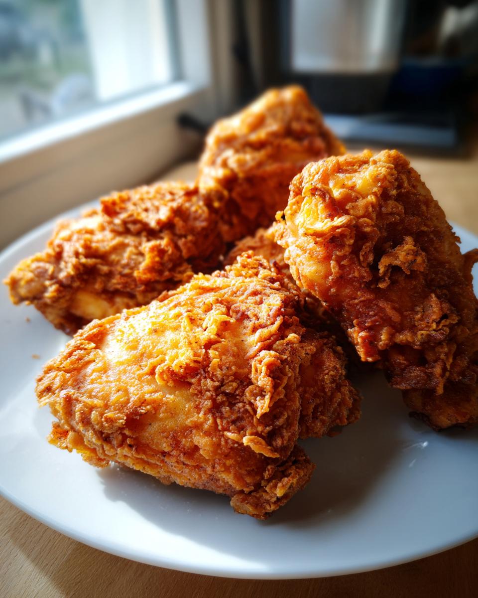 Four pieces of golden brown, crispy Shake And Bake Chicken piled on a white plate near a window.